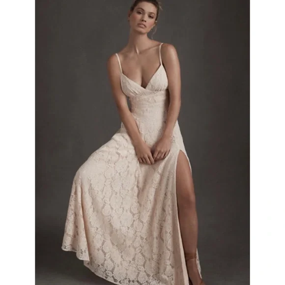 fame and partners champagne dress Champagne V Neck Spaghetti Straps A-line Long Prom Dress with Slit Champagne / US 10